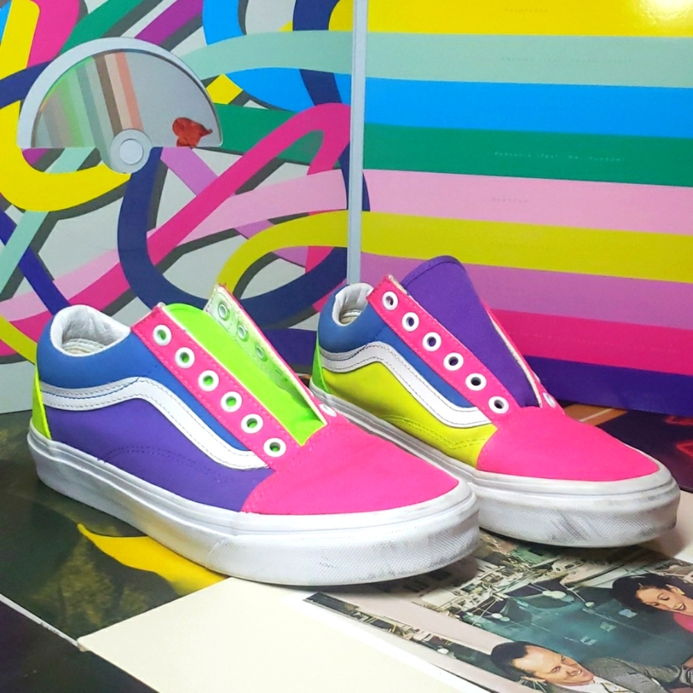 Vans Old Skool Neon Block Skate Women / Youth Sz 5.5 Pink Purple Yellow Blue